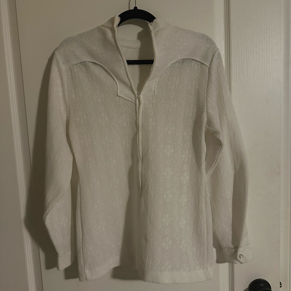 Trail Ridge Tops - White Textured Long Sleeve Western Top with 3/4 Zip by Trail Ridge Size M